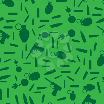 Weapon Silhouette Seamless Pattern on Green Background. Military Guns, Bullets, Ammunition, Grenades, Bombs Texture