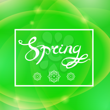 Spring Lettering Design.Green Banner with a Textured Abstract Blurred Flare Background and Text in Square Frame.