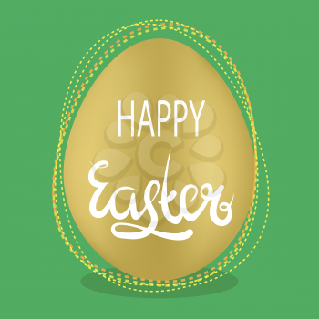 Brown Easter Egg and Lettering on Green Background. Spring Greeting Card