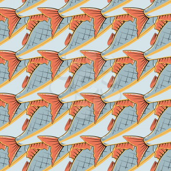 Fresh Fishes with Red Fins and Tails. Seamless Sea Food Pattern