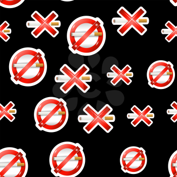 No Smoking, Cigarette, Smoke and Cigar Prohibited Symbols Isolated on Black Background. Seamless Pattern