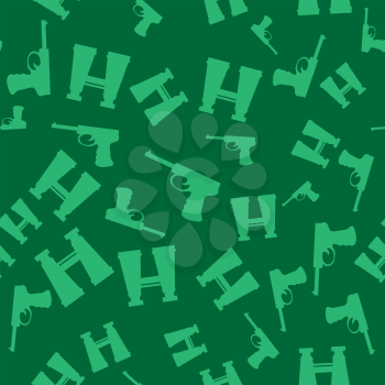 Weapon Random Seamless Pattern on Green Background. Military Texture with Silhouettes of a Pistols and Binoculars