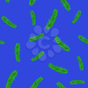 Fir Green Branches Seamless Pattern on Blue Background