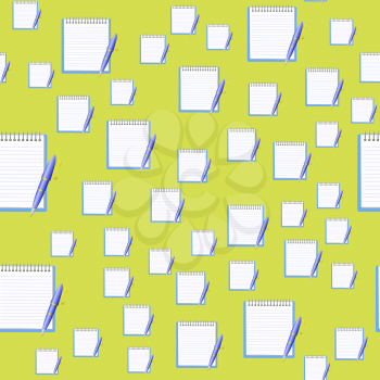 Paper Notebook and Blue Pen Seamless Pattern on Yellow Background