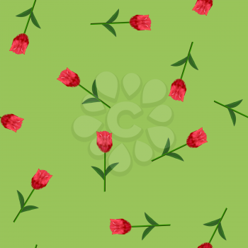 Spring Red Flower Seamless Pattern on Green Background