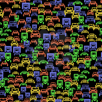 Colored Car Silhouette Seamless Pattern on Black Background
