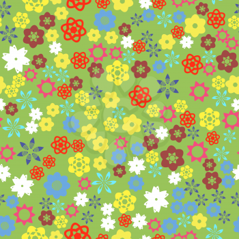 Spring Colored Flower Seamless Pattern on Green Background