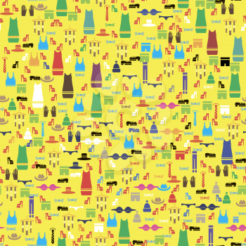 Colored Silhouettes of Different Clothes Isolated on Yellow Background. Seamless Pattern