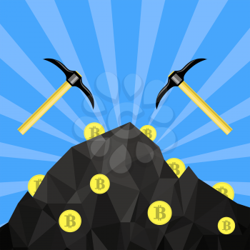 Golden Bitcoin on Blue Background. Crypto Currency Mining with Coins and Pickaxes