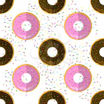 Sweet Glazed Colorful Donut Seamless Pattern on Sprinkles White Background. Fast Food Texture