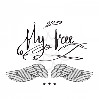 Angel or Phoenix Wings. Winged Logo Design. Part of Eagle Bird. Design Elements for Emblem, Sign, Brand Mark. Fly Free Text. Hand Drawn Motivational Lettering.