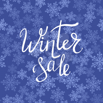 Winter Sale Typographic Poster. Hand Drawn Phrase. Lettering on Blue Snow Flake Background