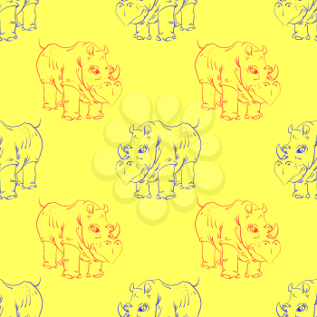 Cartoon Rhino Seamless Pattern on Yellow Background