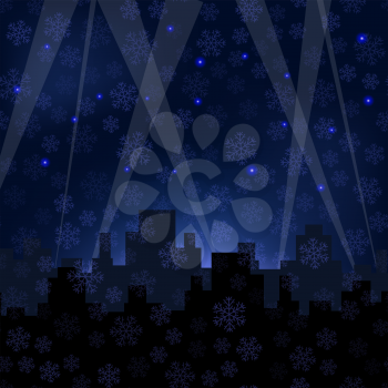 Houses Silhouettes on Winter Night Starry Sky. Snowflakes Background