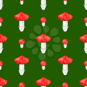 Red Mushroom Seamless Pattern on Green Background