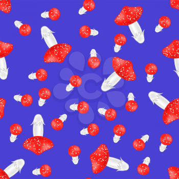 Red Mushroom Seamless Pattern on Blue Background