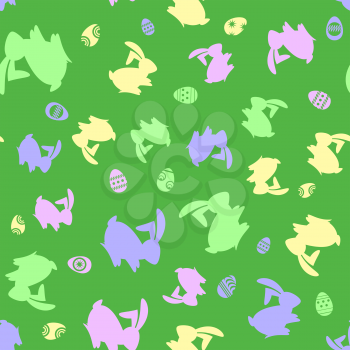 Easter Eggs and Rabbit Seamless Pattern Isolated on Green Background