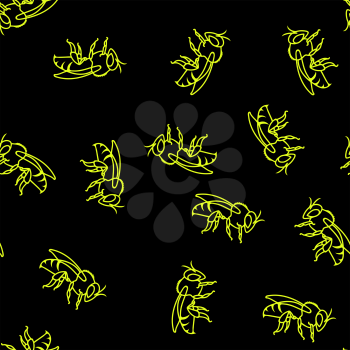 Yellow Bee Seamless Pattern Isolated on Black Background