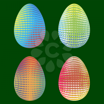Set of Easter Eggs with Different Dotted Ornaments Isolated on Green Background
