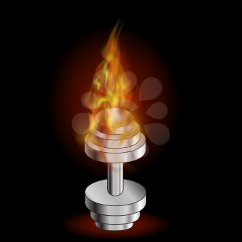 Metallic Dumbell and Fire Flame. Sport Fitness Background