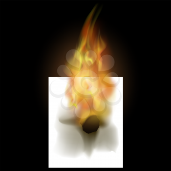 Burning White Paper with Fire Flame Isolated on Black Background