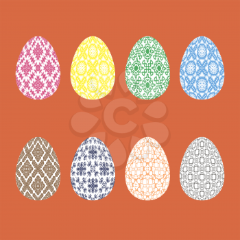 Set of Easter Eggs with Different Ornaments Isolated on Red Background