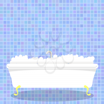 Retro White Bathtub with Foam at floor on Blue Mosaic Wall Background