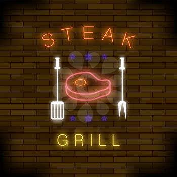 Steak Grill Neon Colorful Sign on Dark Brick Background