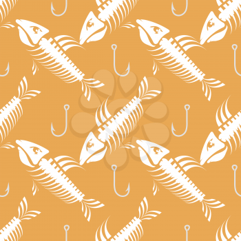 White Fish Bone Skeleton Seamless Pattern Isolated on Orange Background. Sea Fishes Icons.