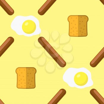 Eggs, Grill Sausages and Bread Seamless Pattern Isolated on Yellow Background. Fast Food Texture.