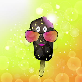Cartoon Ice Cream Icon with Colored Sunglasses on Summer Yellow Blurred Background