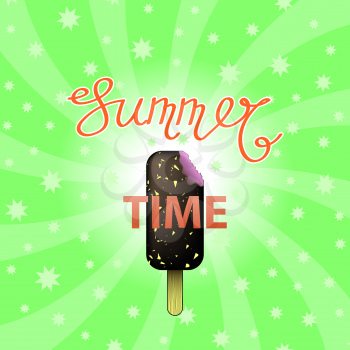 Lettering Summer Time Text with Ice Cream on Green Swirl Starry Backgground. Hand Sketched Summer Typography Sign for Badge, Icon, Banner, Tag, Illustration, Postcard Poster