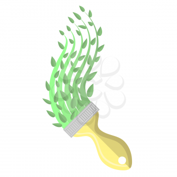 Paintbrush and Green Paint. Spring Time Concept Isolated on White Background. Growth  Plant with Green Leaves.