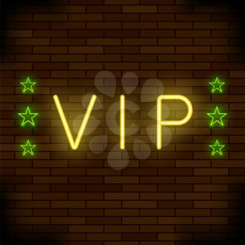 VIP Logo Neon Colorful Sign on Dark Brick Background. Night City Banner
