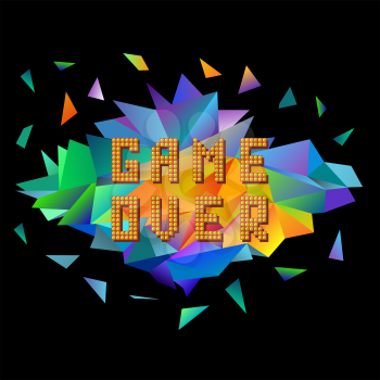 Retro Pixel Game Over on Colorful Polygonal Banner. Gaming Concept. Colored Explosion with Parts. Video Game Screen.