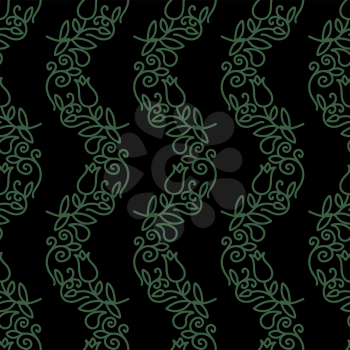 Green Floral Pattern Isolated on Black Background.