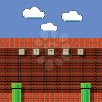 Old Game Background. Classic Retro Arcade Design with Green Pipe and Red Brick. Pixel Video Game Scenery. Video-Game Interface Design Elements.