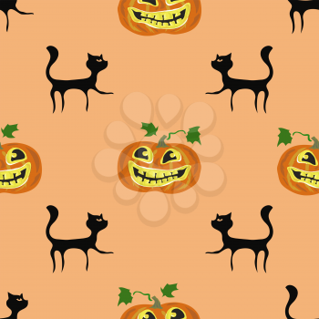 Halloween Decoration Seamless Pattern with Black Cat and Pumpkin Isolated on Orange Background.