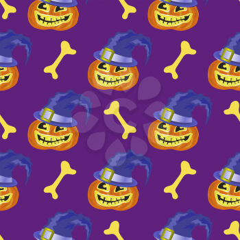 Halloween Decoration Seamless Pattern with Pumpkin and Spider Isolated on Purple Background.