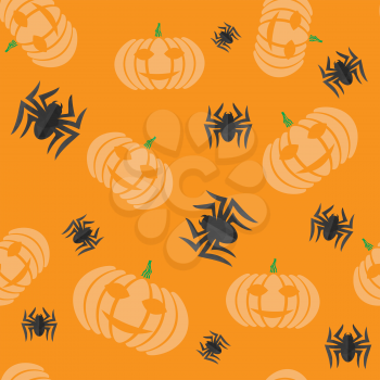 Halloween Decoration Seamless Pattern with Natural Pumpkin and Spider Isolated on Orange Background.