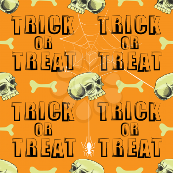 Halloween Decoration Pattern with Skull and Spider Isolated on Orange Background.
