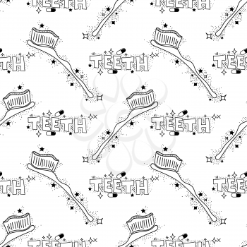 Doodle Medical Seamless Pattern with Toothbrush Isolated on White Background. Oral Hygiene Concept. Cleaning of Oral Cavity