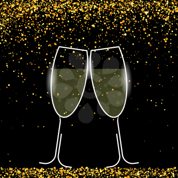 Two Sparkling Glasses on Yellow Falling Confetti Background. Champagne Celebration. Happy New Year. Alcoholic Fizzy Drink. Congratulations. Cheers.