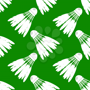 Shuttlecock Icon with Feathers Seamless Pattern Isolated on Green Background.