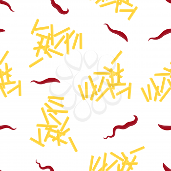 Yellow French Fries and Ketchup Texture. Fry Potato Chips Seamless Pattern on White Background. Slices of Tasty Vegetable. Fast Food Snack. Organic Food.