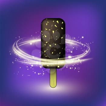 Cartoon Ice Cream Icon and Wooden Stick on Blue Blurred Background.