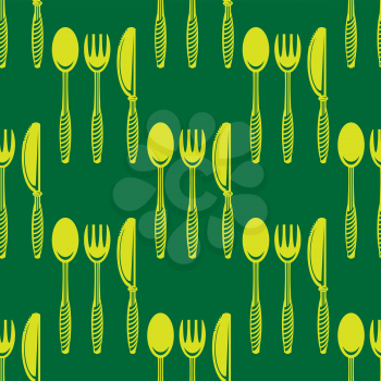 Food Seamless Pattern for Cafe. Fork Spoon Knife Logo Design Isolated on Green Background.