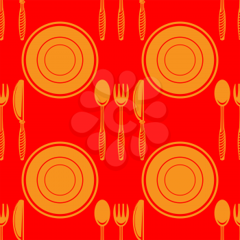 Food Seamless Pattern for Cafe. Fork Spoon Knife Logo Design Isolated on Red Background.
