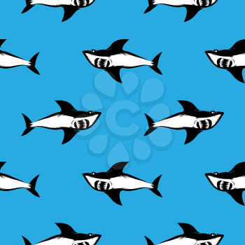 Shark Isolated on Blue Background. Fish Seamless Pattern.
