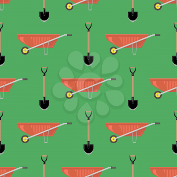 Red Wheelbarrow and Garden Shovel Isolated on Green Background. Seamless Pattern.